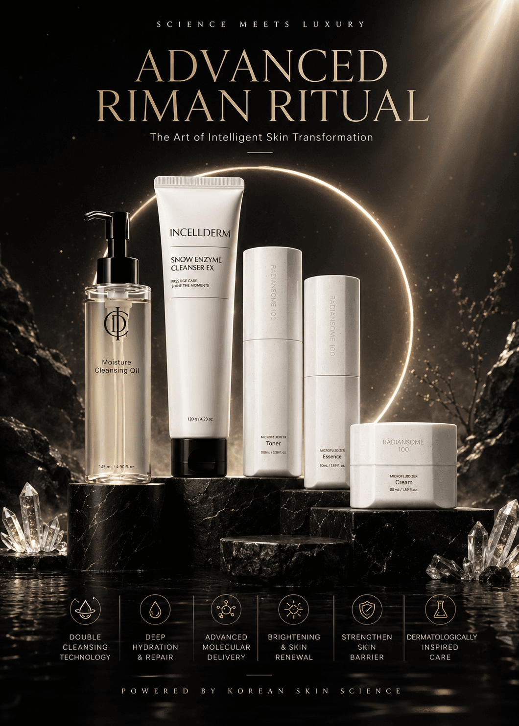 Advanced RIMAN Ritual gồm cleansing oil, cleanser và Radiansome 100 trên nền đá tối