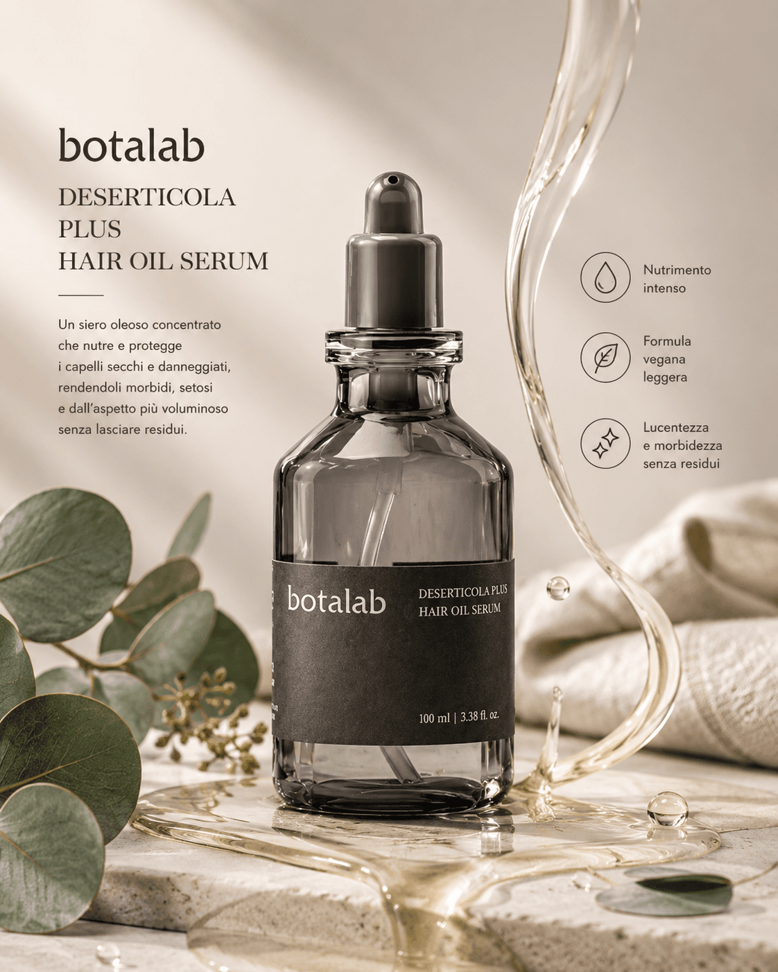 Botalab Deserticola Plus Hair Oil Serum với chai dropper màu khói và dòng dầu ánh vàng