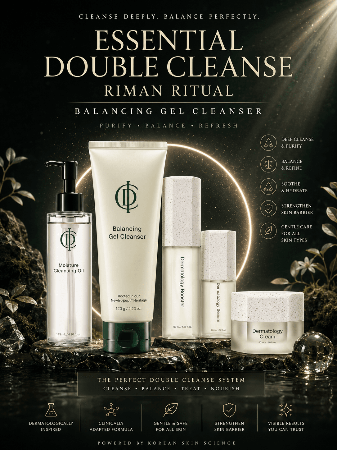 Essential Double Cleanse Balancing Gel Cleanser Ritual với gel cleanser và các bước dưỡng da