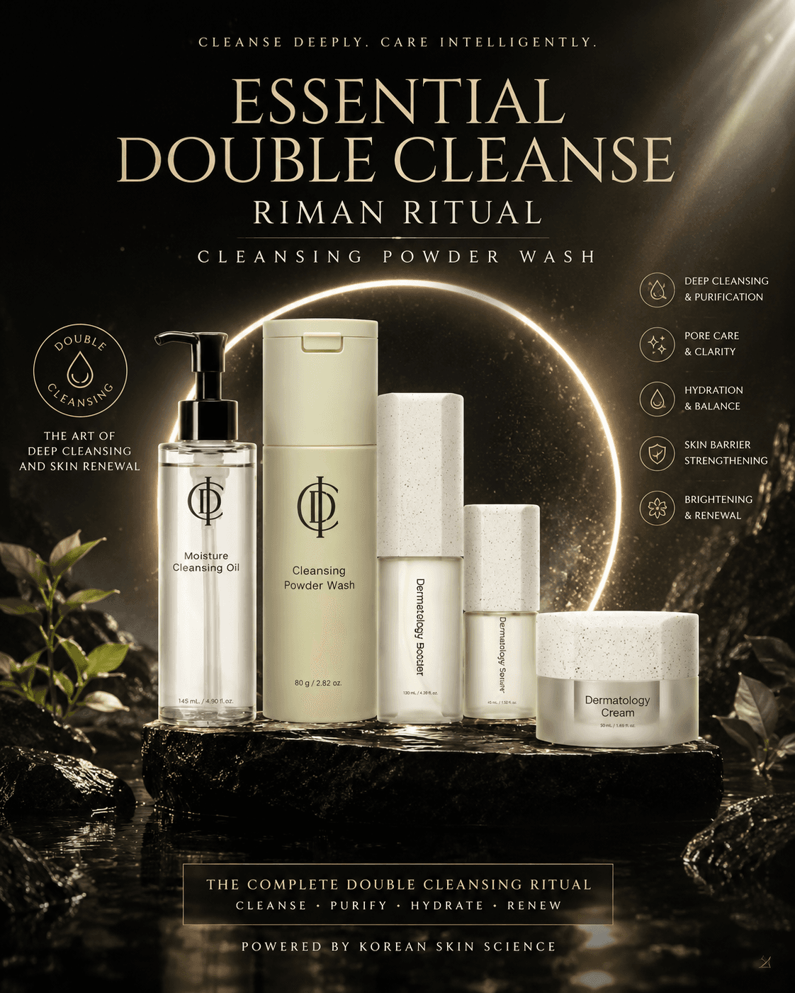 Essential Double Cleanse Ritual với Cleansing Powder Wash và các sản phẩm dưỡng da trên đá đen