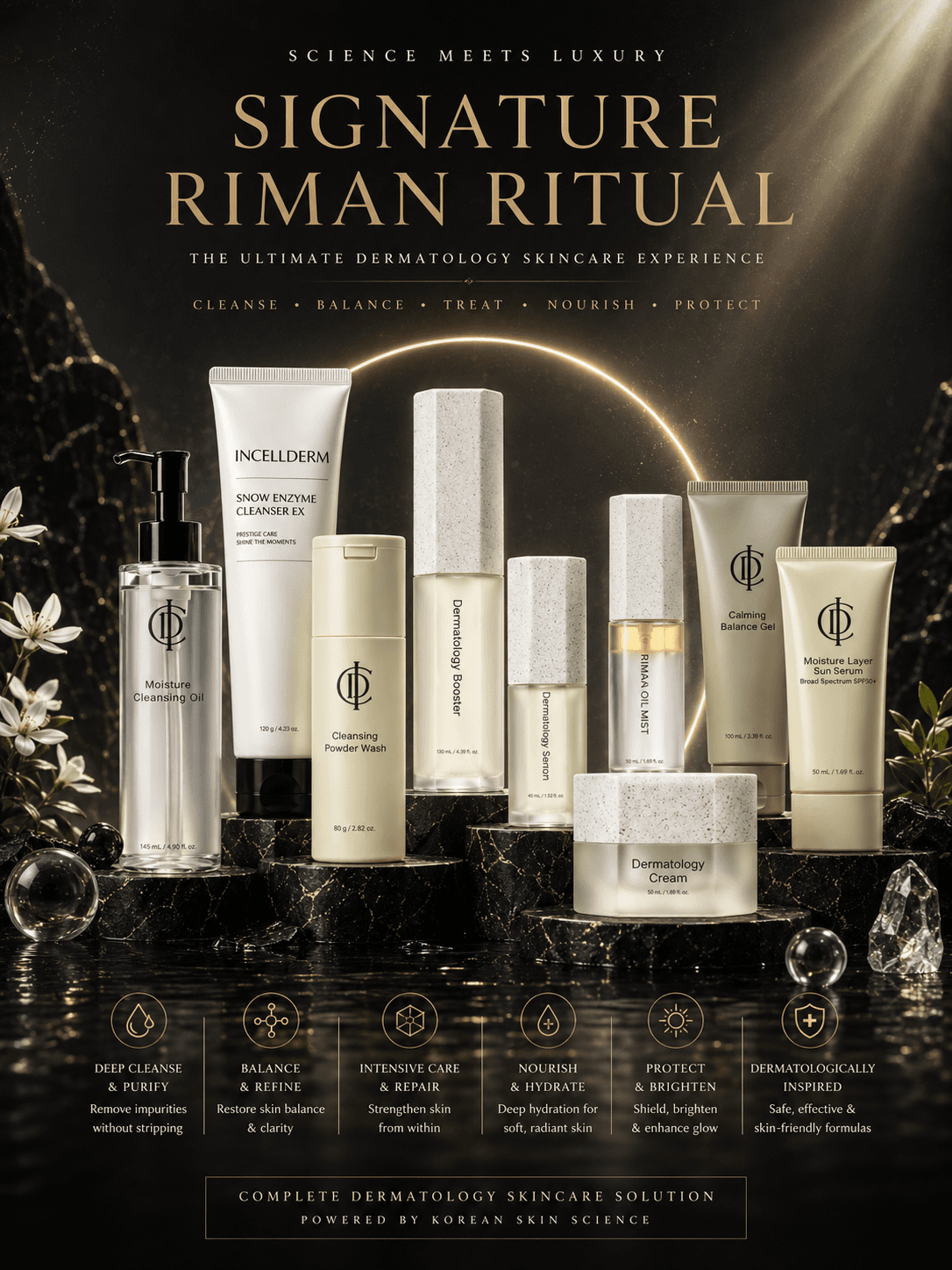 Signature RIMAN Ritual với nhiều sản phẩm skincare trên bệ đá đen và vòng sáng champagne