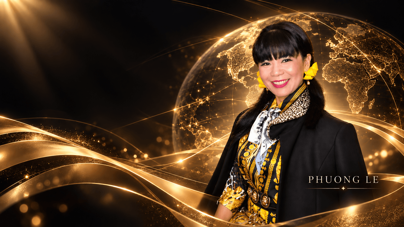 Phuong Le in front of a gold globe, with PHUONG LE lettering embedded in the artwork.