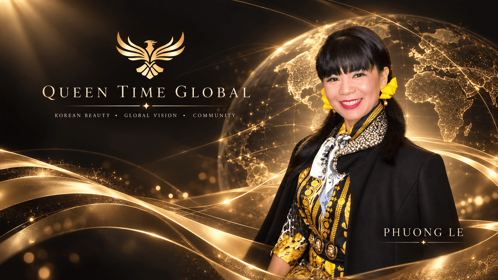 Queen Time Global artwork showing Phuong Le in front of a gold globe.