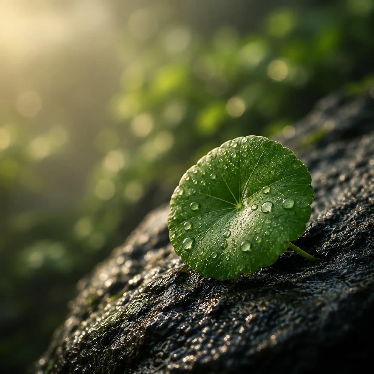 Lá Centella asiatica phủ giọt sương trên đá núi lửa tối màu