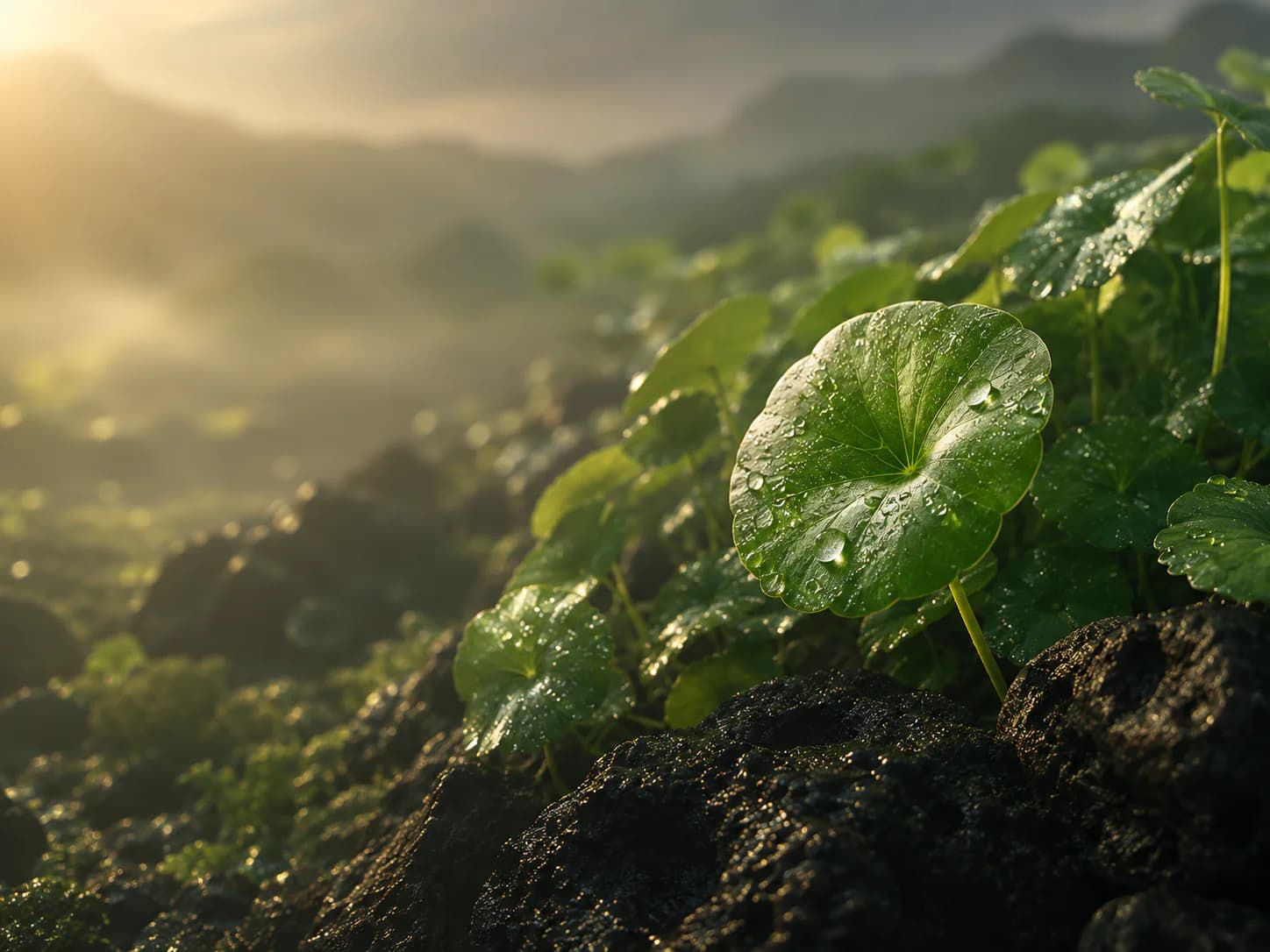 Lá Centella asiatica phủ sương mai giữa đá núi lửa tối màu