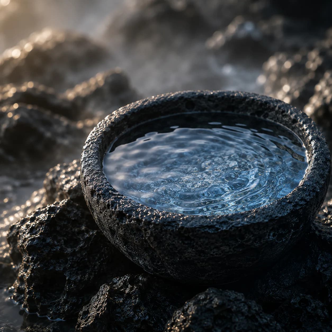 Nước trong bên trong bát đá basalt tối màu